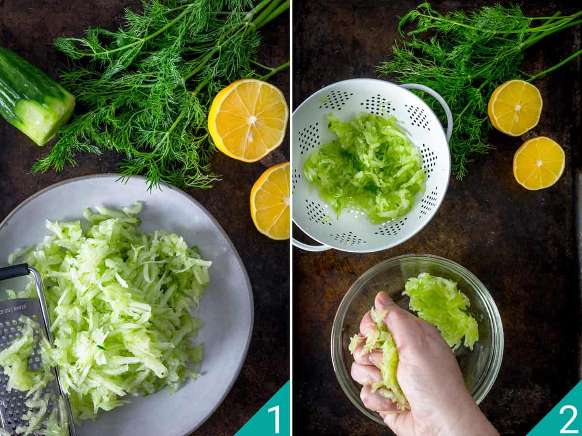 Two photos showing grating and squeezing of the cucumber.