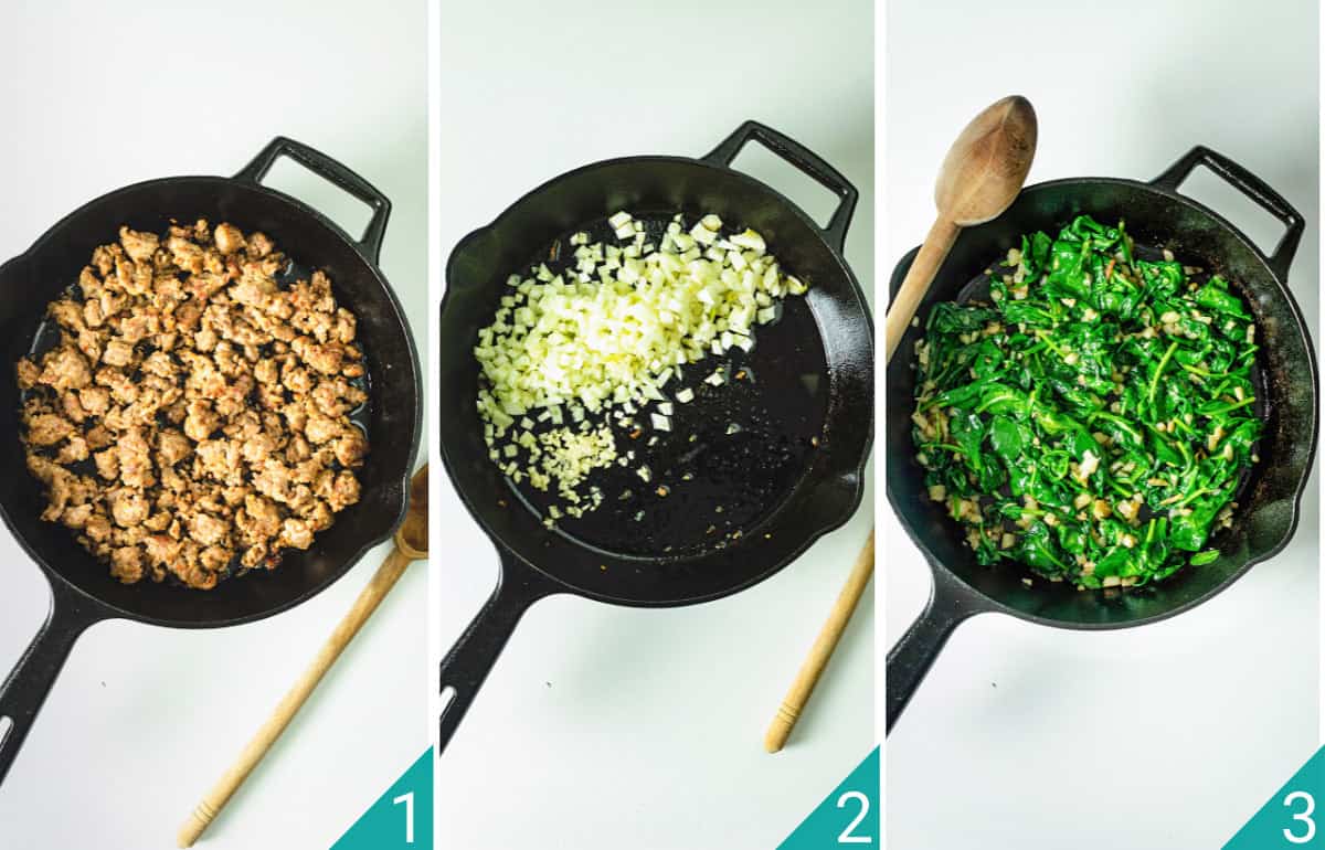 Three-step photo for making the filling with fennel, sausage, and spinach in a skillet.