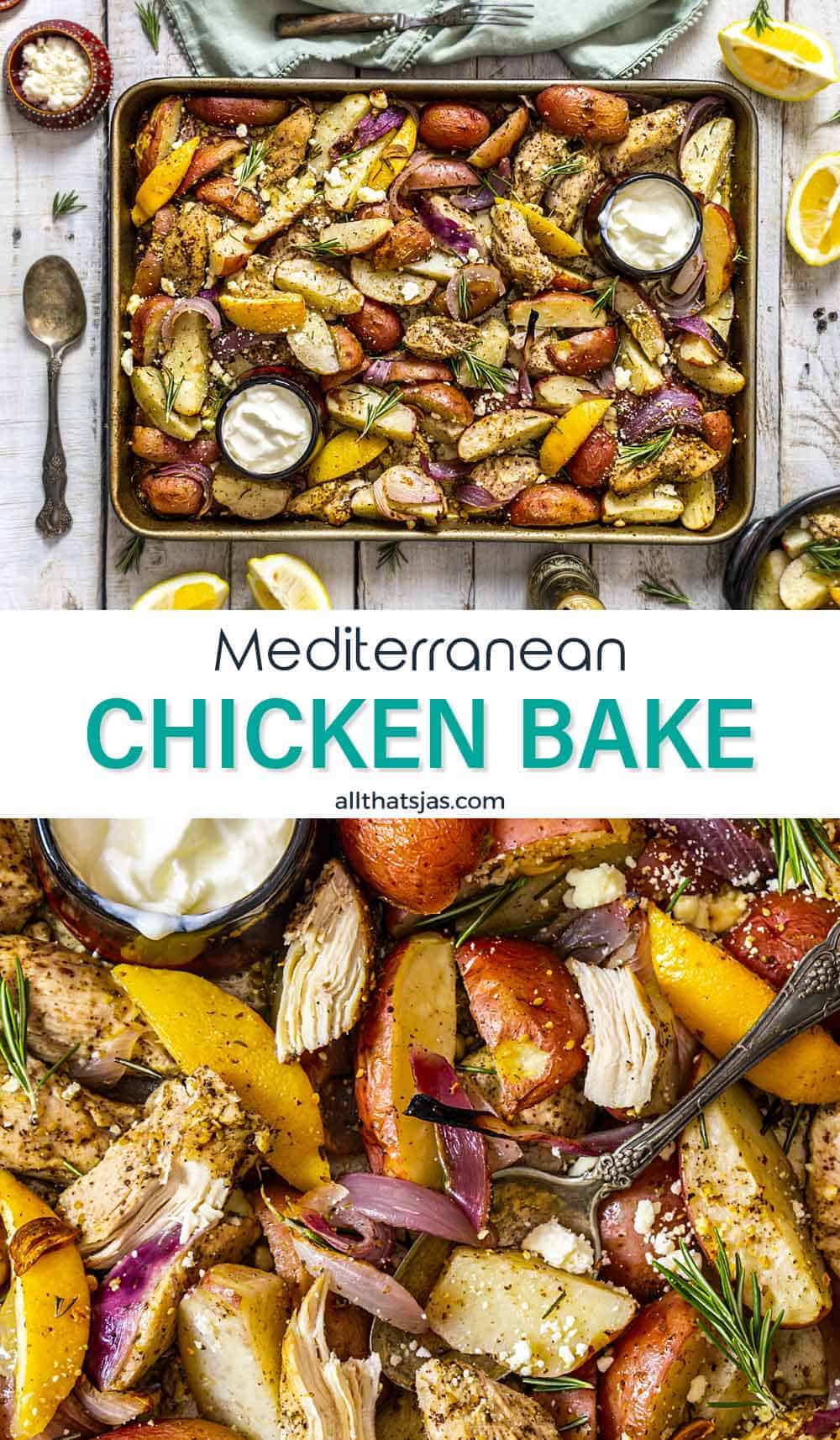 Two photo image of the Mediterranean chicken bake with text overlay in the middle.