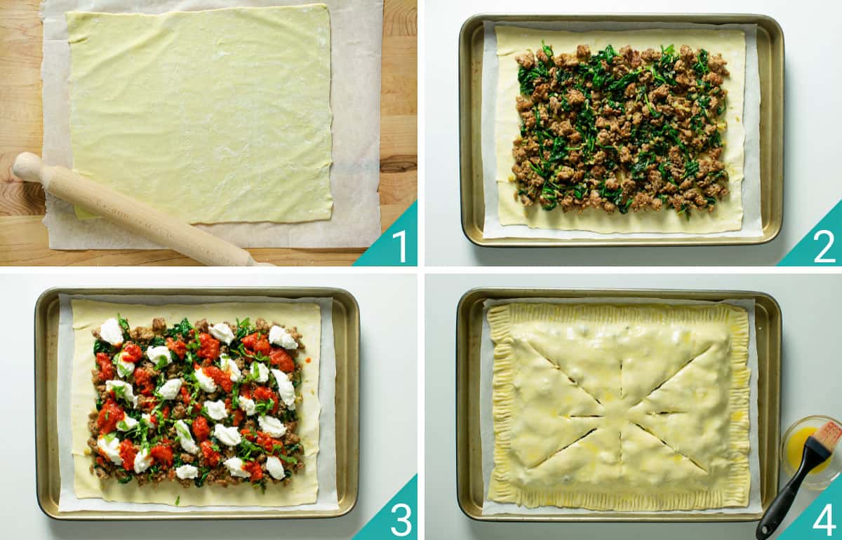 Four-photo image of steps to fill puff pastry with the filling. 