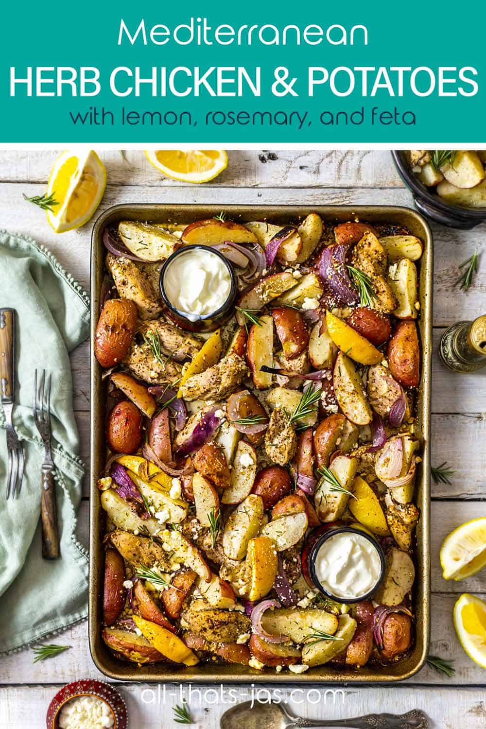 Chicken, potatoes, onion wedges, and spices on a baking sheet with text overlay.