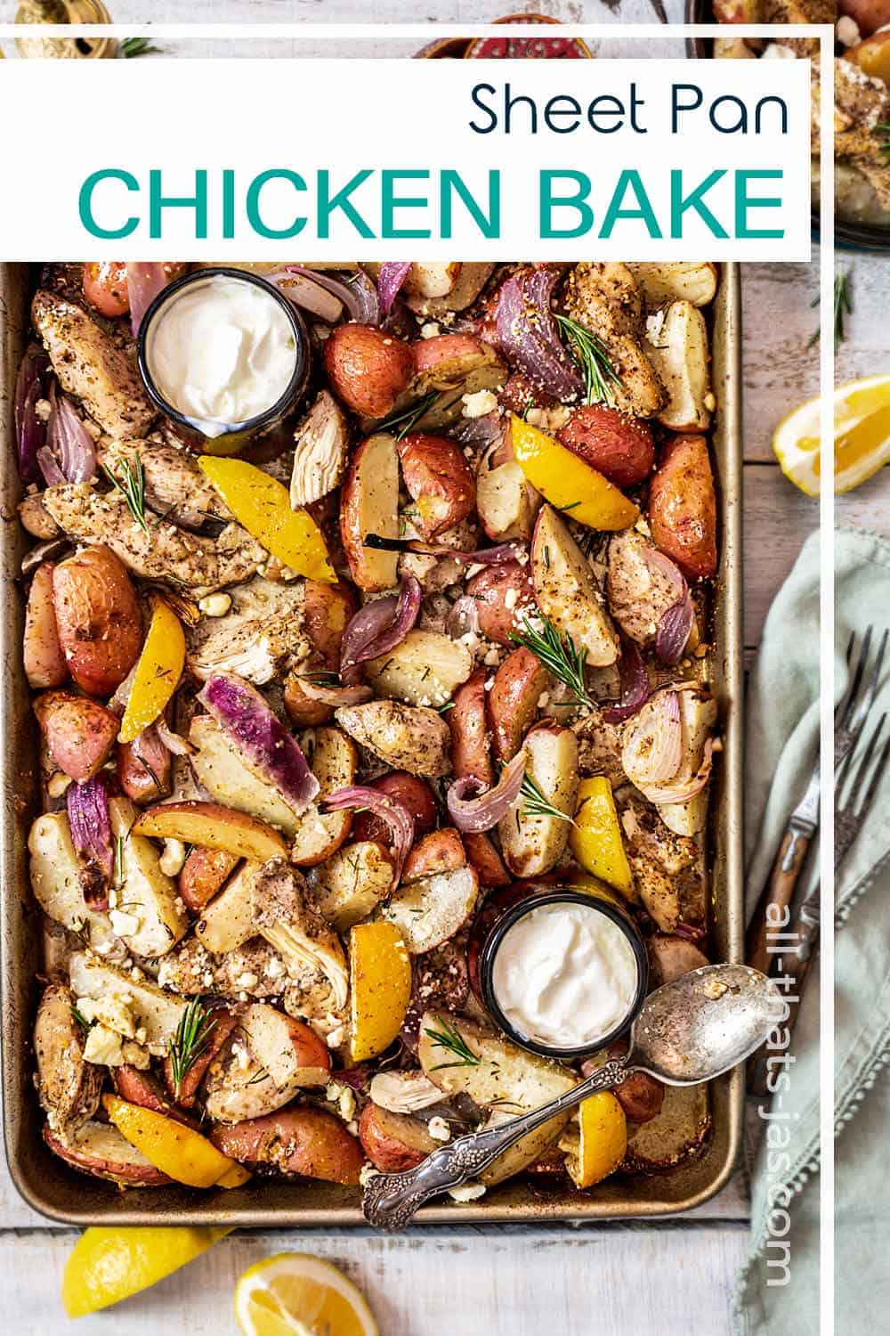 A cookie sheet with roasted potatoes and chicken strips with text overlay.