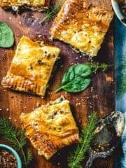 Slab pie slices on a cutting board.