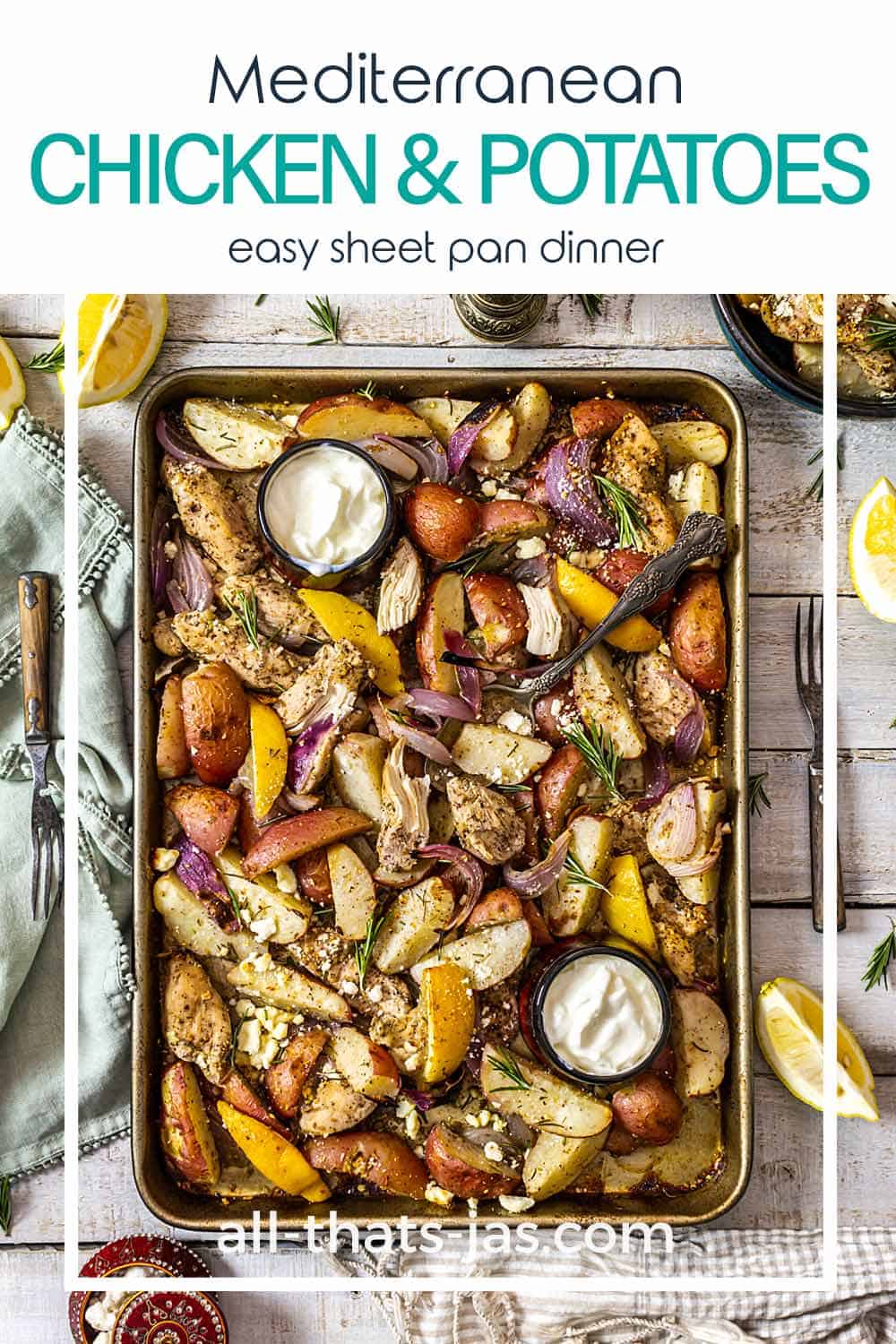 Sheet pan Mediterranean chicken potato dinner with text overlay.