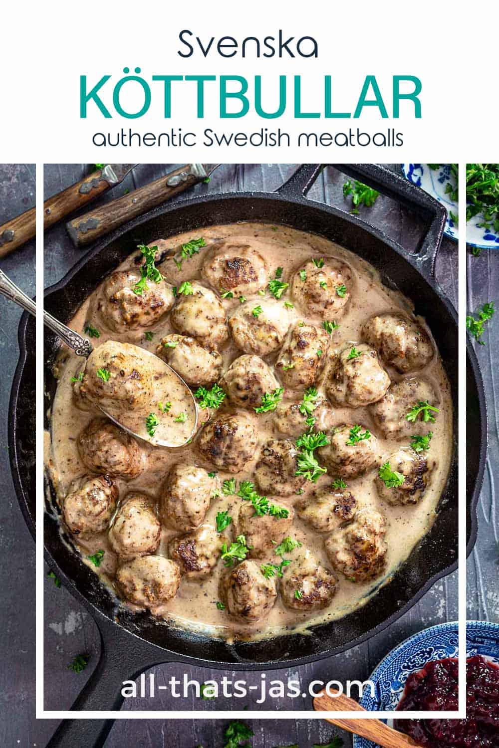 A close up photo of the meatball in cream sauce in a cast-iron skillet with text overlay.