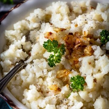 A close up photo of the best no-dairy mashed potatoes.