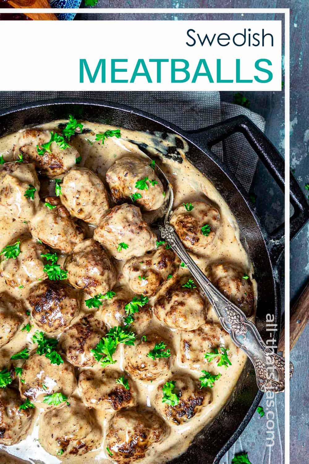 A close up photo of meatballs in gravy with text overlay.