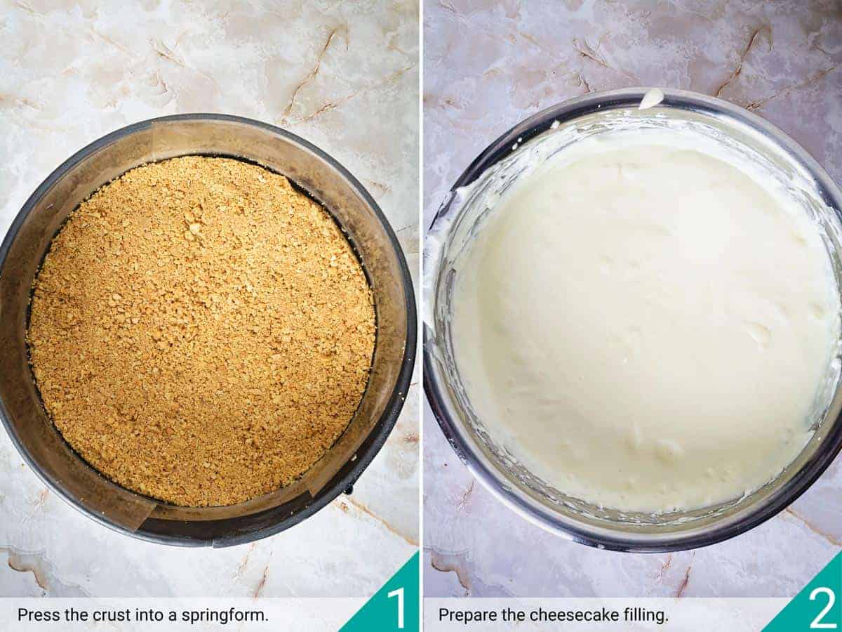 Two-image photo of the crust and cheesecake layer.
