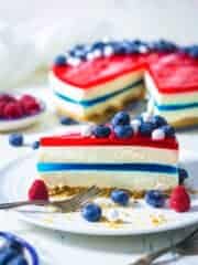 A slice of fresh cake showing off the blue middle layer and the red top with berries.