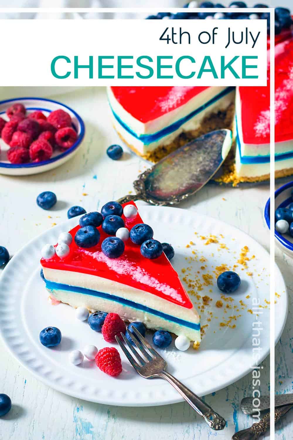 A slice of fourth of July cheesecake on a plate with fork and text overlay.
