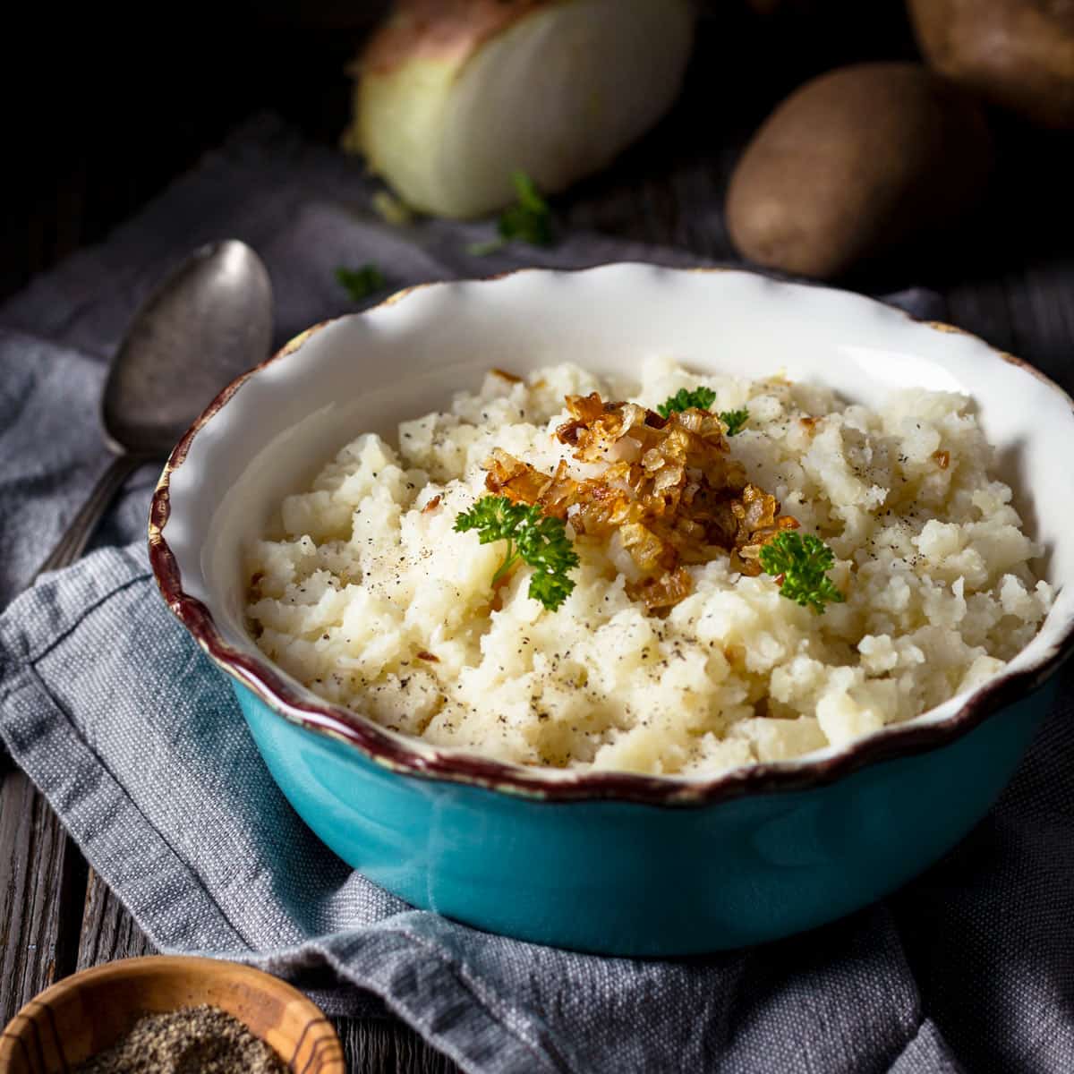 Dairy-Free Mashed Potatoes with Caramelized Onions • All that’s Jas