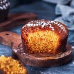A close up of malva pudding cake showing the inside texture.