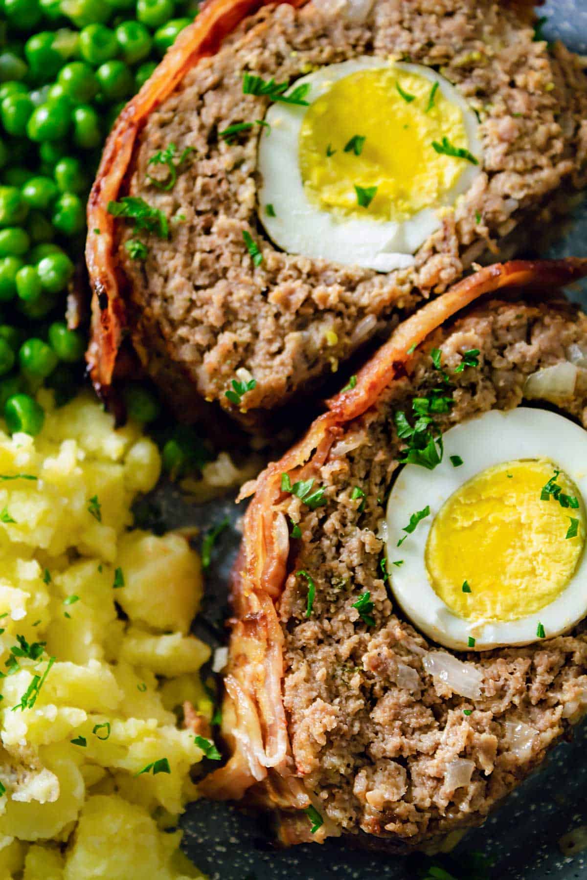 Close up of two meatloaf slices.