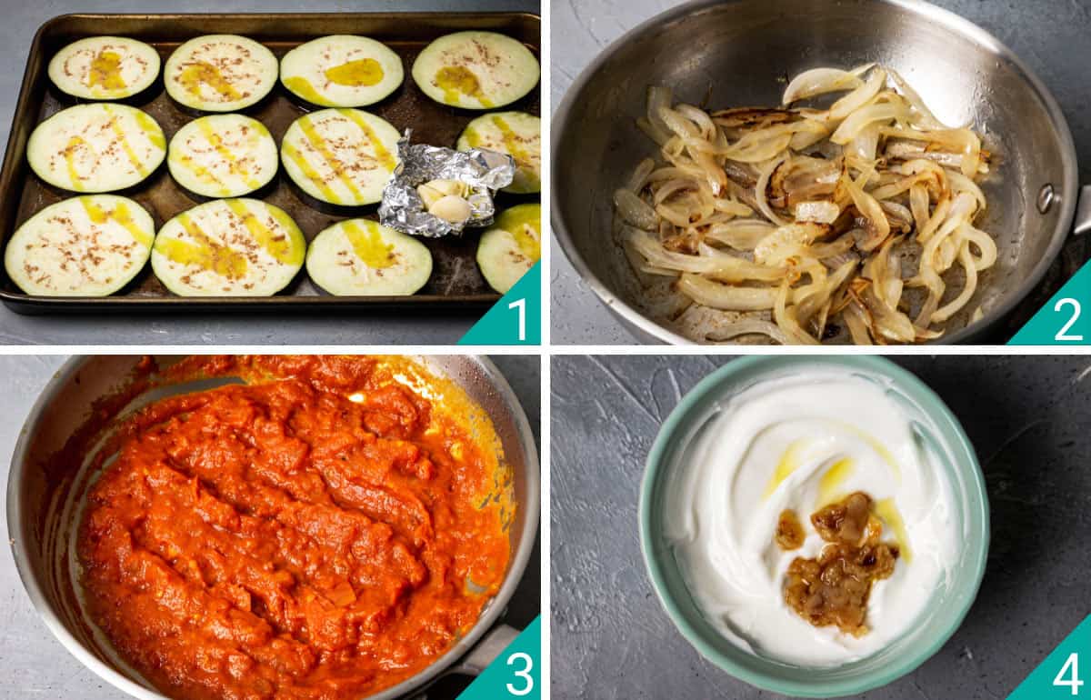 Four-photo image of steps to roast the eggplants, make the yogurt sauce, and cook tomatoes and onions for borani.