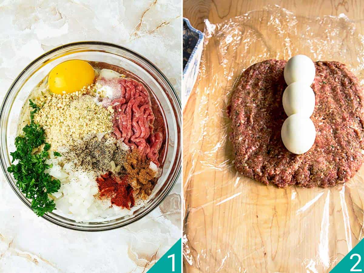 Two photo image of ingredients in a bowl and the meat mixture topped with cooked eggs.