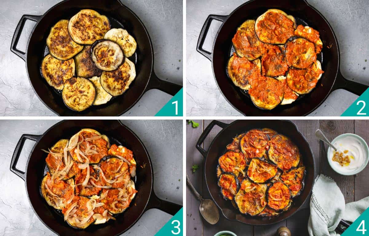 Four-photo image of layering vegetables in a pan before roasting in the oven..