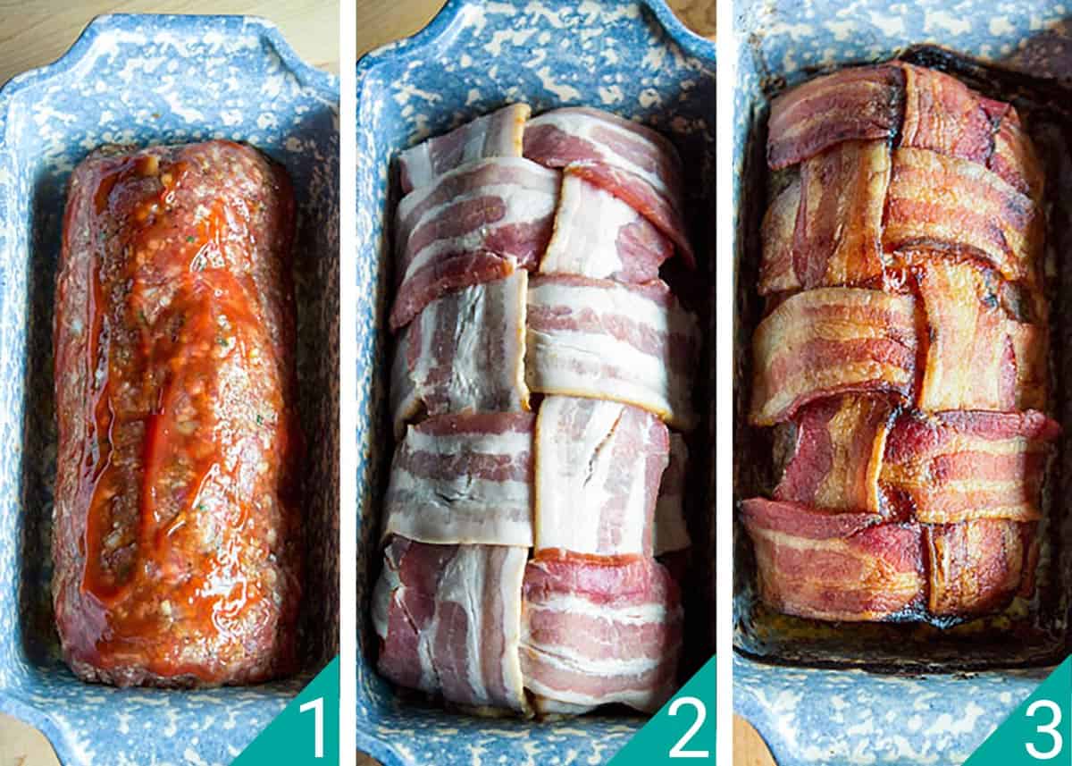 Three photo image of the meatloaf loaf in the pan covered in ketchup mixture, then bacon lettuce, and shown baked.