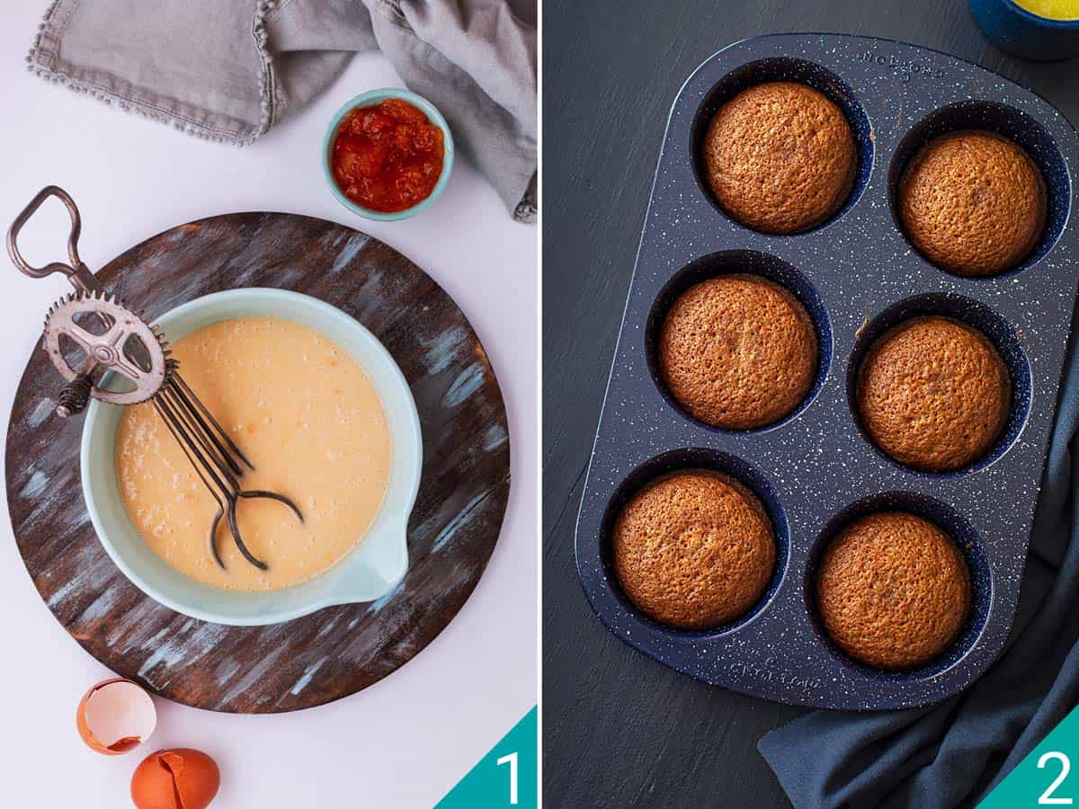 Two photo image of prepared malva pudding batter and baked cakes in a large muffin tin.