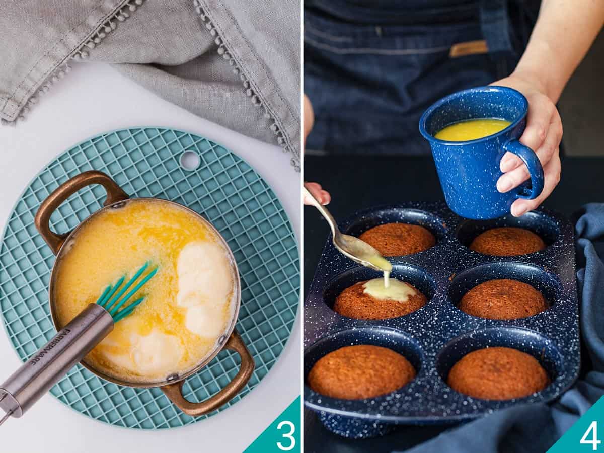 Two photo image of prepared cream sauce and pouring it over baked cakes.