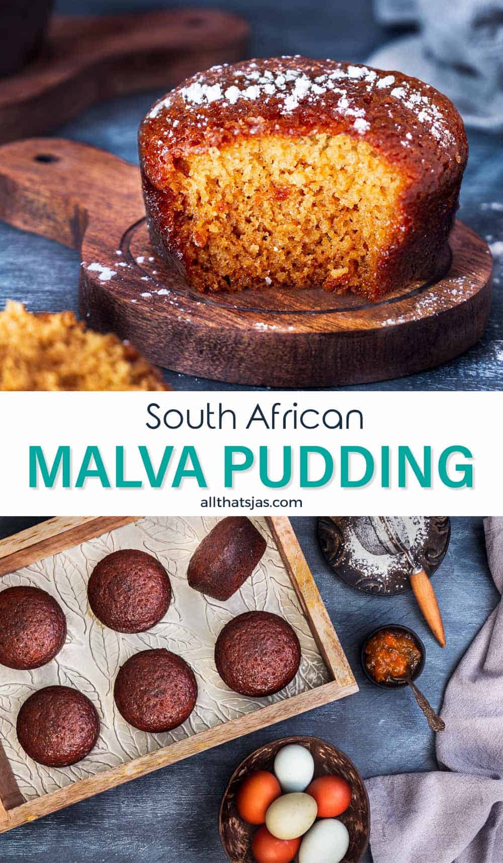 Two-image photo of malva pudding cakes with text overlay in the middle.