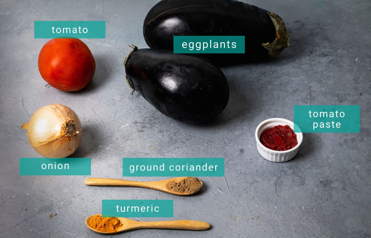 Ingredients for Afghan roasted eggplant dish.