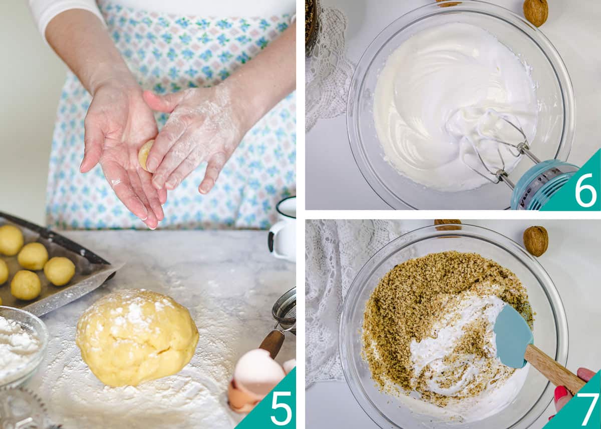 Three-photo image of shaping the dough into balls and making the walnut filling.