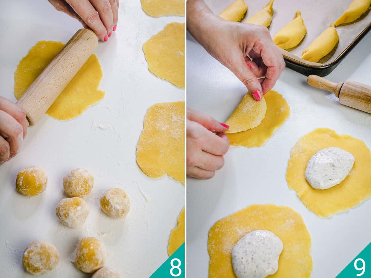 Two-photo image of rolling the dough and filling with walnut and egg white mixture.