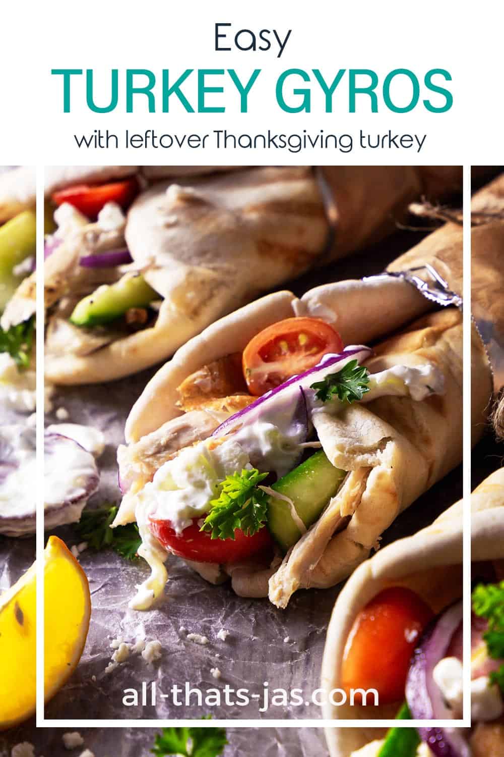 A close up of turkey gyros with text overlay.
