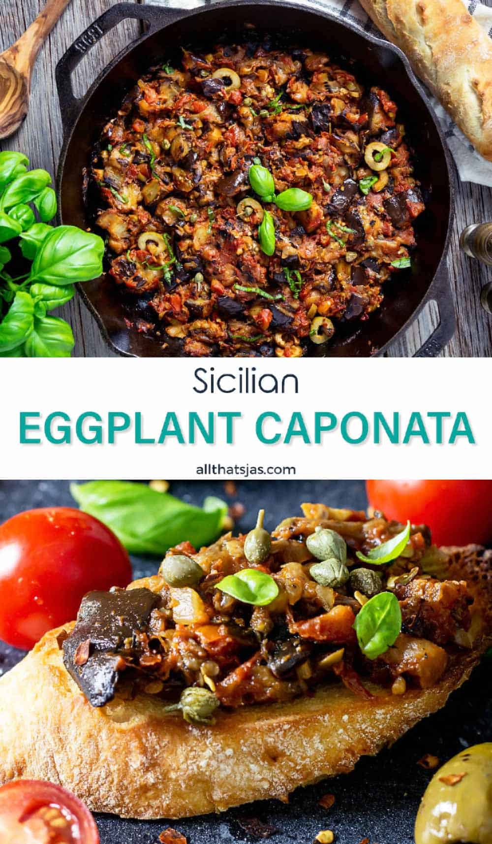 Two-photo image of eggplant, tomato, olives, and capers caponata with text overlay in the middle.