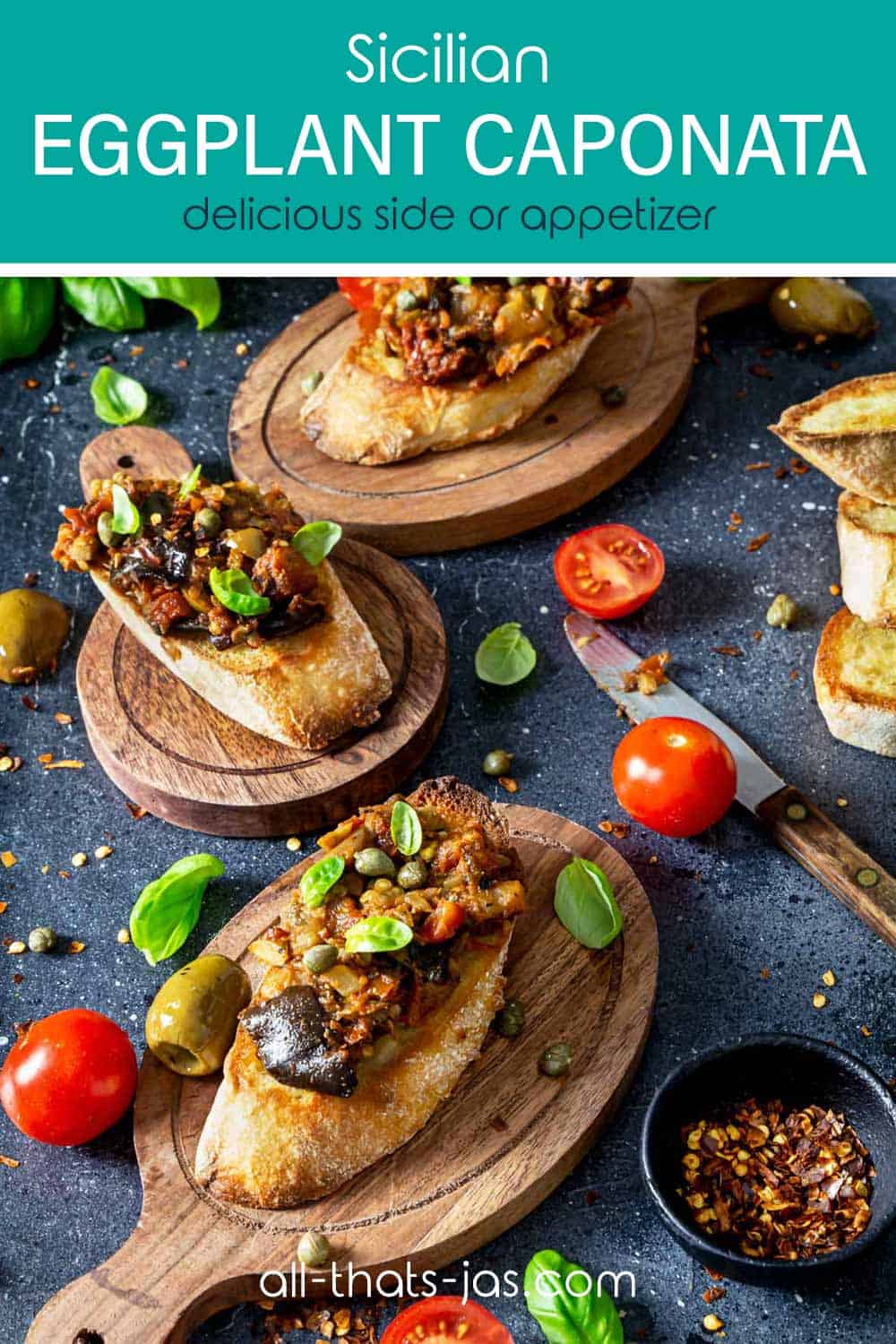 Three eggplant caponata crostini on mini wooden boards with text overlay.