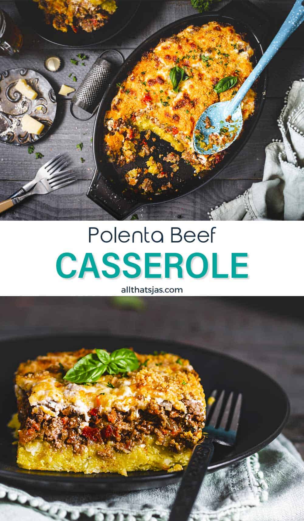Two photo image of polenta beef bake with text overlay in the middle.
