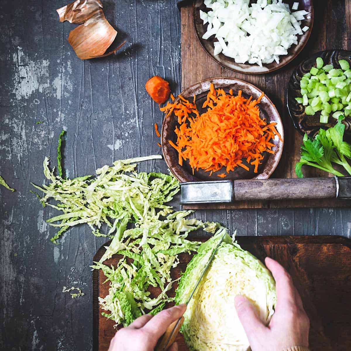 Prepping vegetables for the casserole.