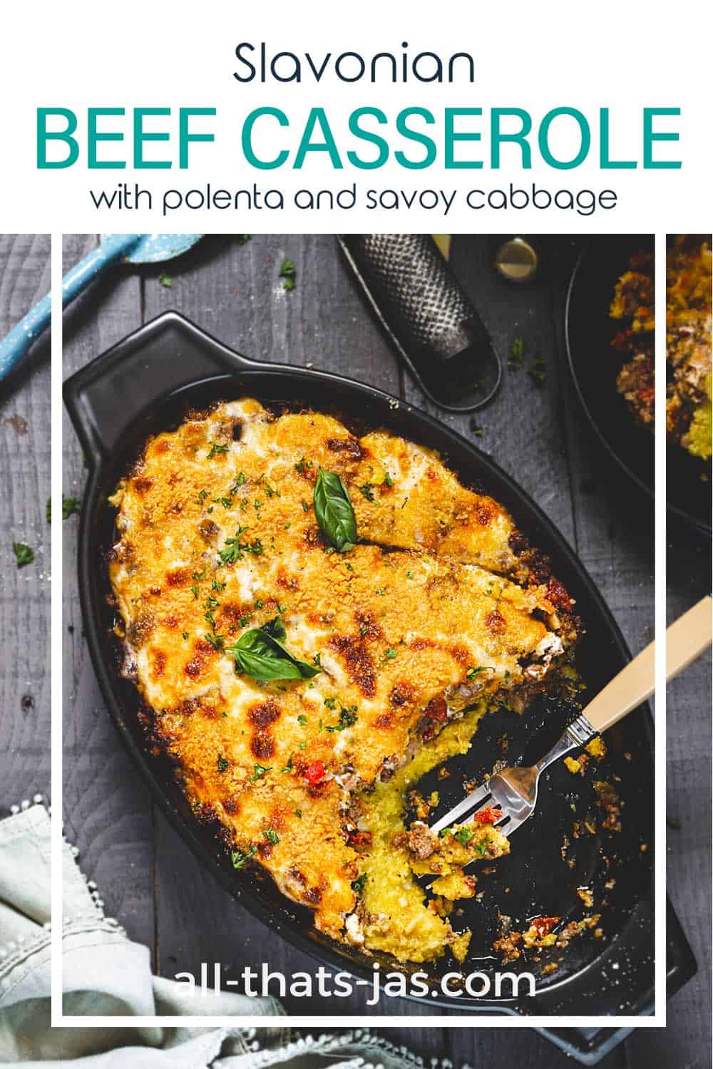 Casserole dish with a scoop of baked polenta with beef removed and text overlay.