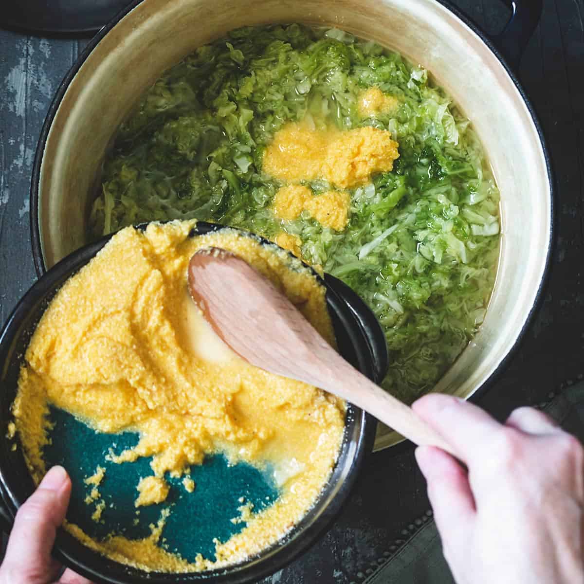 Adding cornmeal to cabbage in the pot.