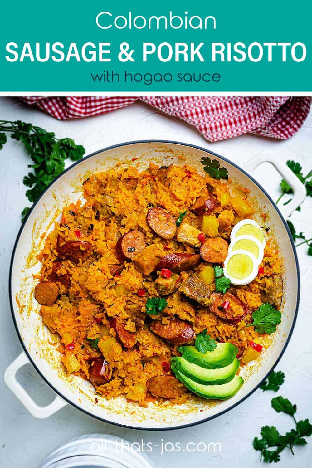 A dish with Colombian recipe of rice, pork, and sausage with text overlay.