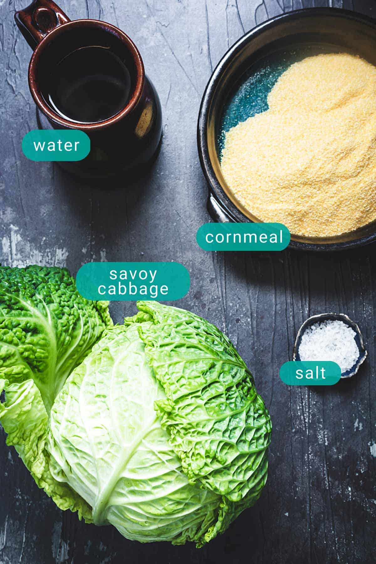 Ingredients for polenta layer in beef casserole with savoy cabbage.