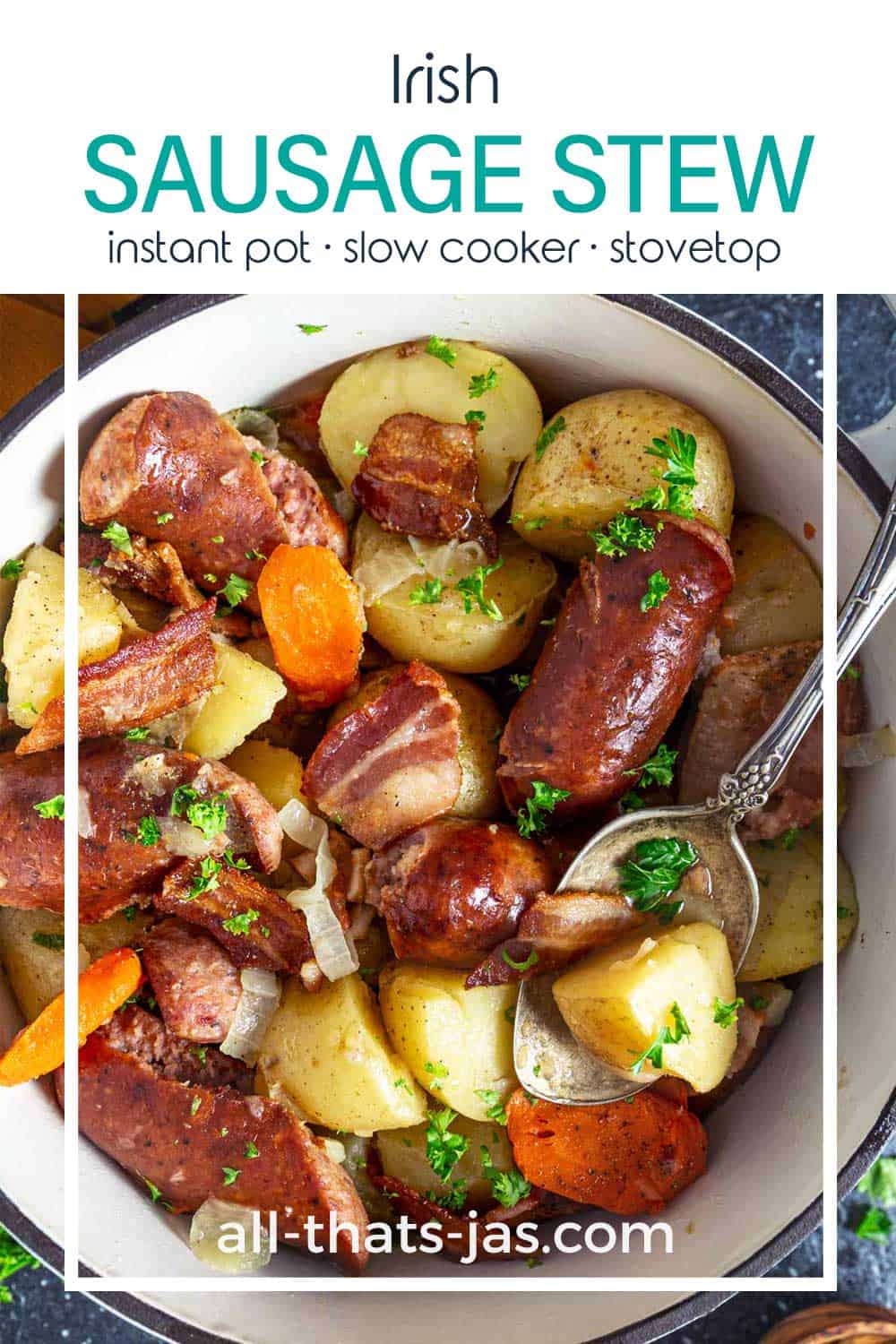 A close up of Irish sausage stew with text overlay.