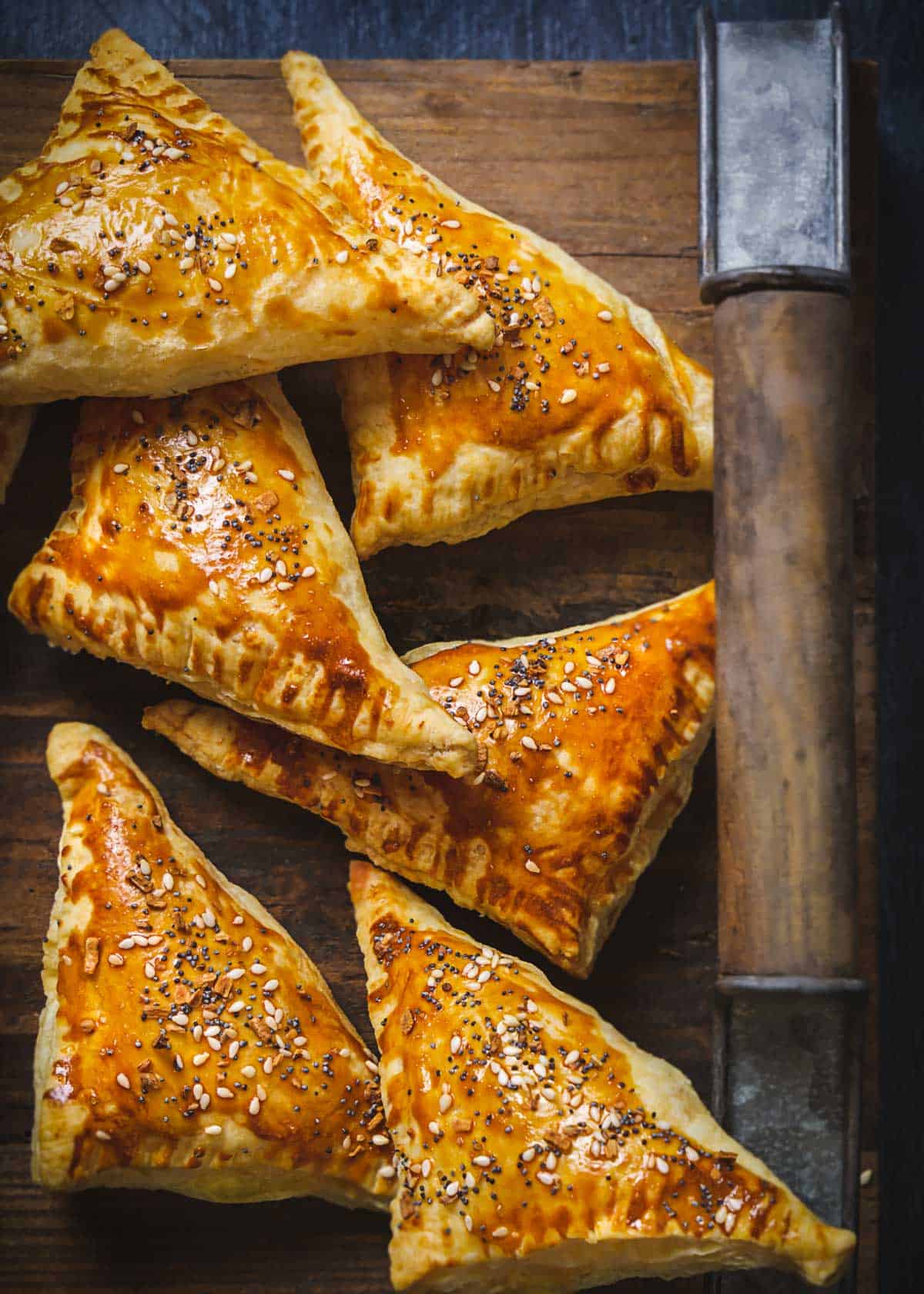 Ppuff pastry cheese bourekas sprinkled with everything bagel seasoning.