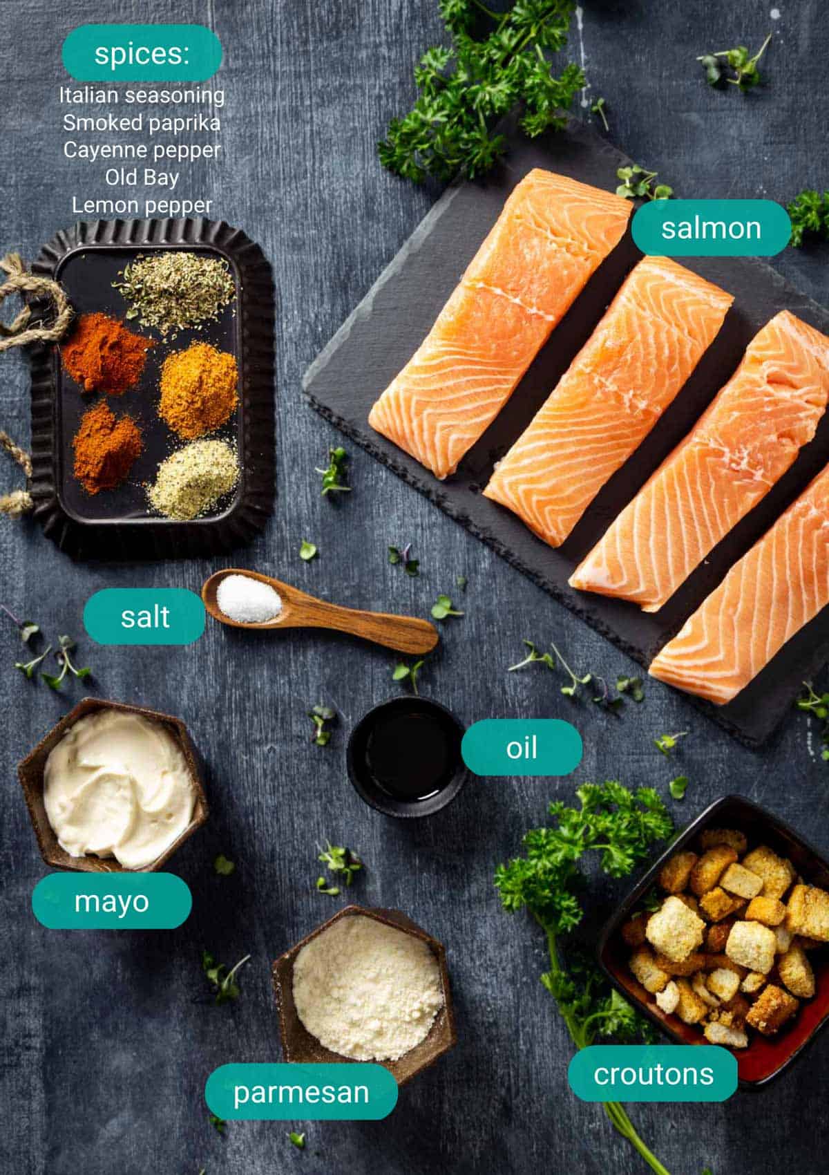 Ingredients for crusted salmon with parmesan cheese, Italian croutons, and herbs.