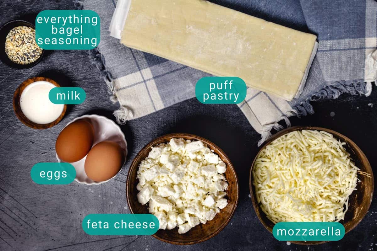 Ingredients for cheese burekas with puff pastry and cheeses.
