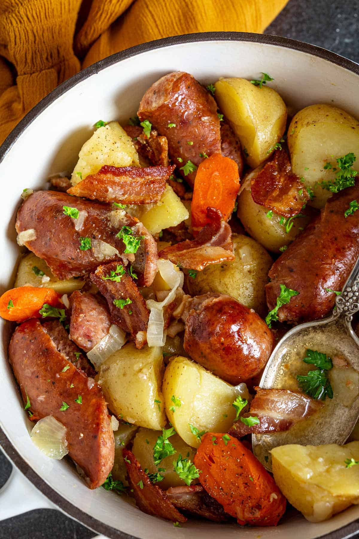 Irish sausage and potato stew in a pot. 