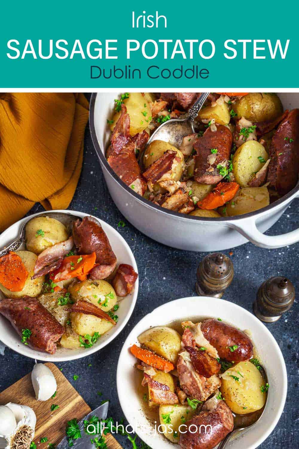 A dutch oven and two bowls with Dublin sausage potato stew and with text overlay.