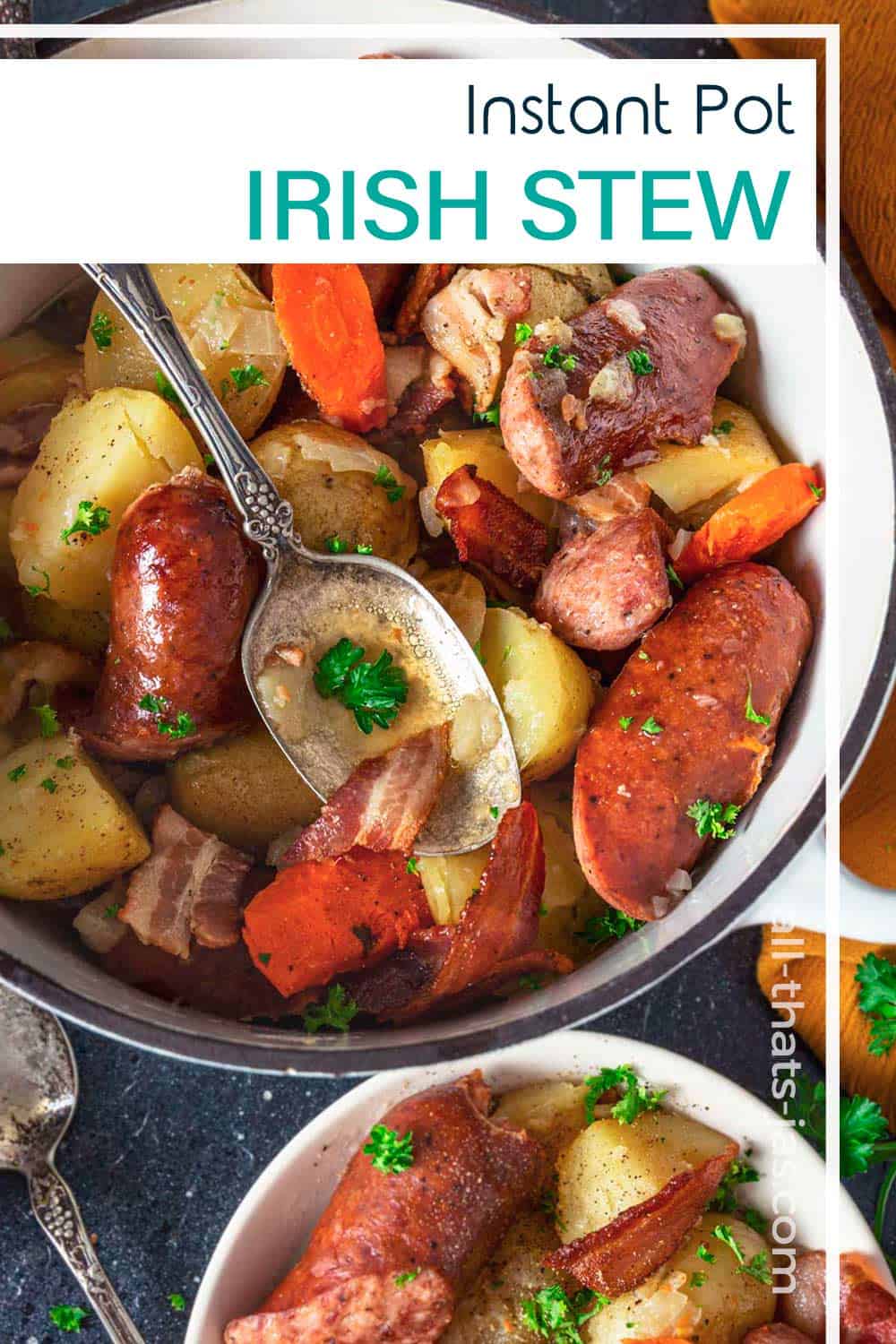 Irish stew with sausages, potatoes, and carrots sprinkled with fresh parsley and with text overlay.