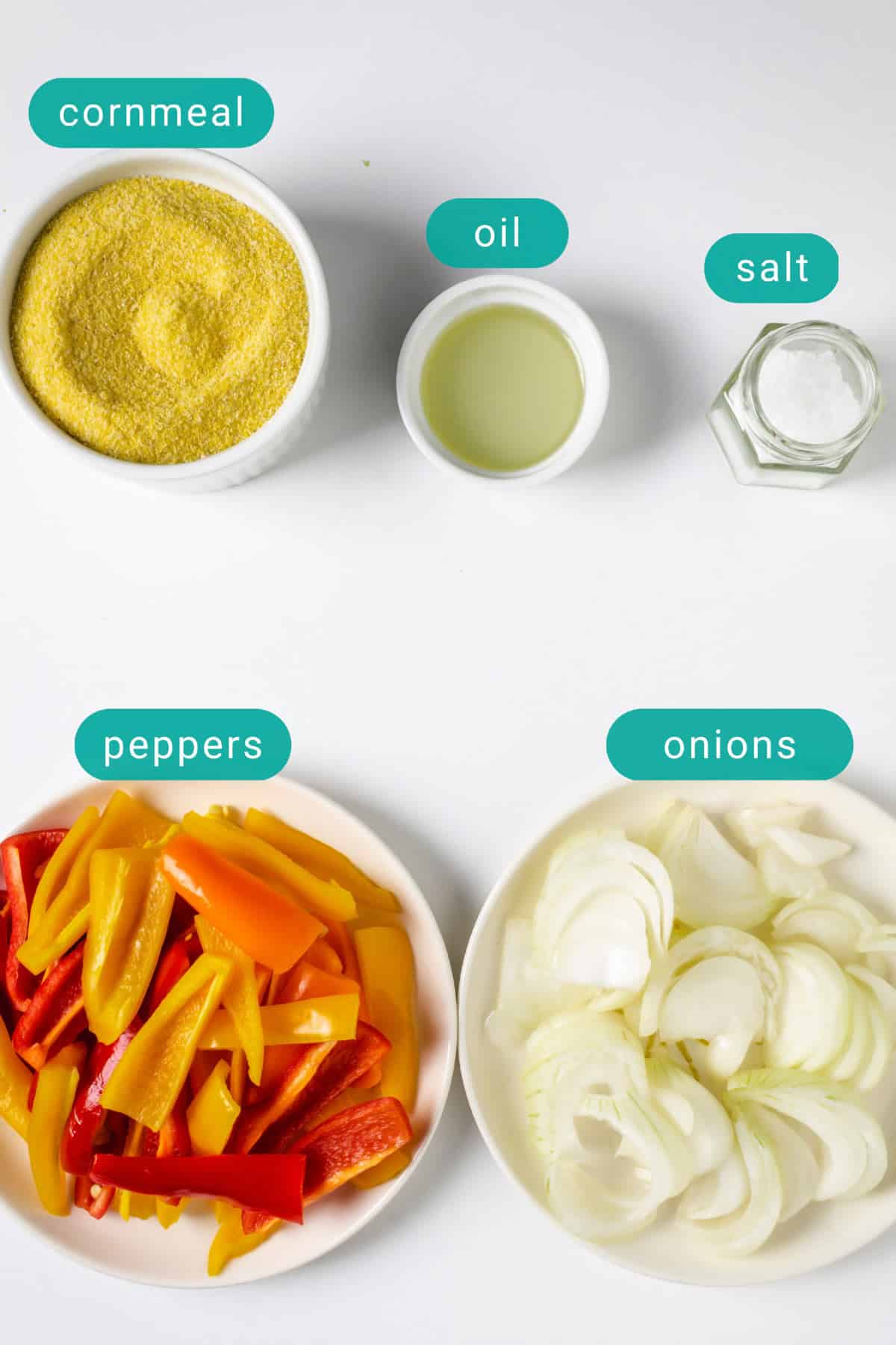 Ingredients for polenta with sauteed onions and peppers on the counter.