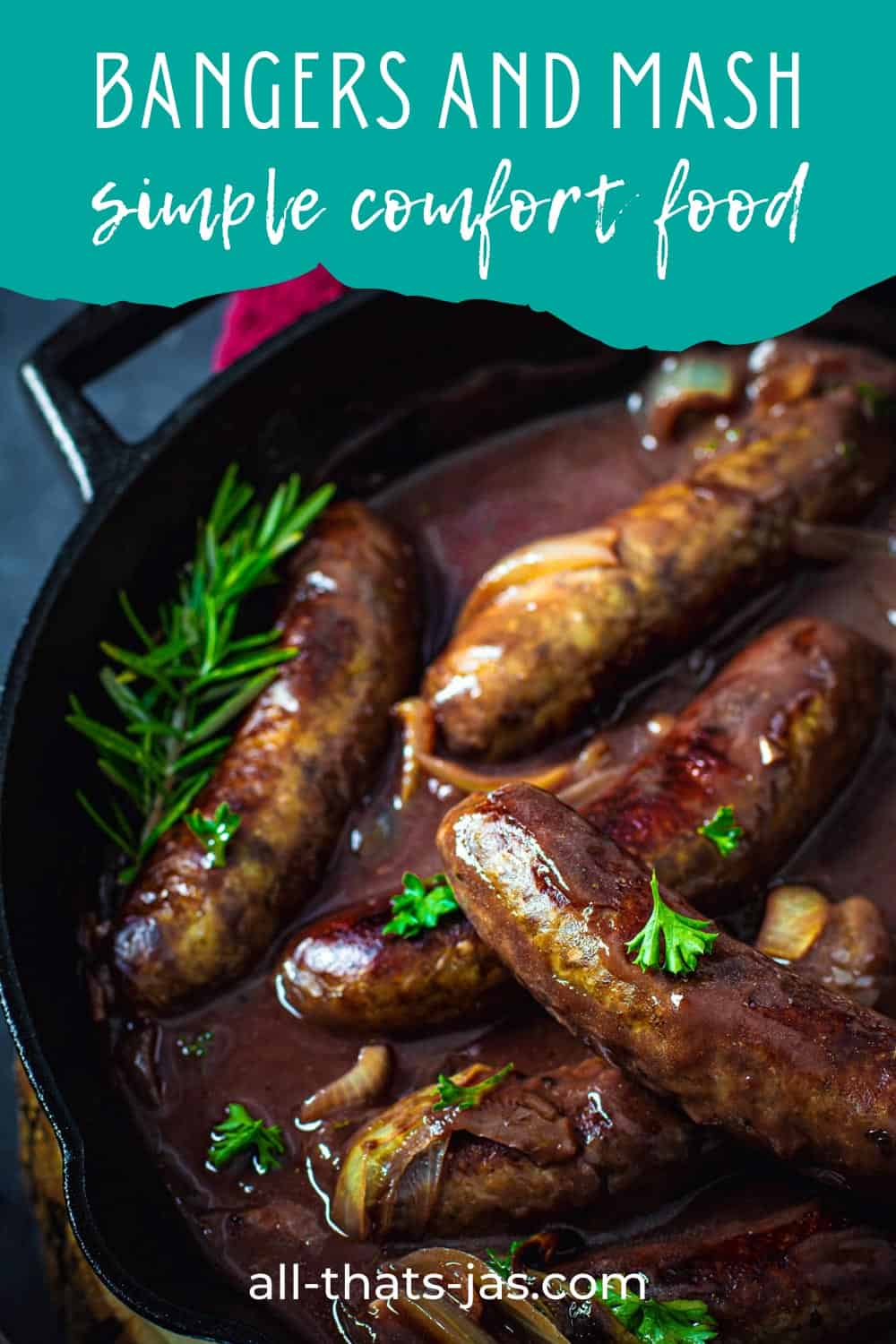 British sausages drenched in wine and onion gravy with text overlay.