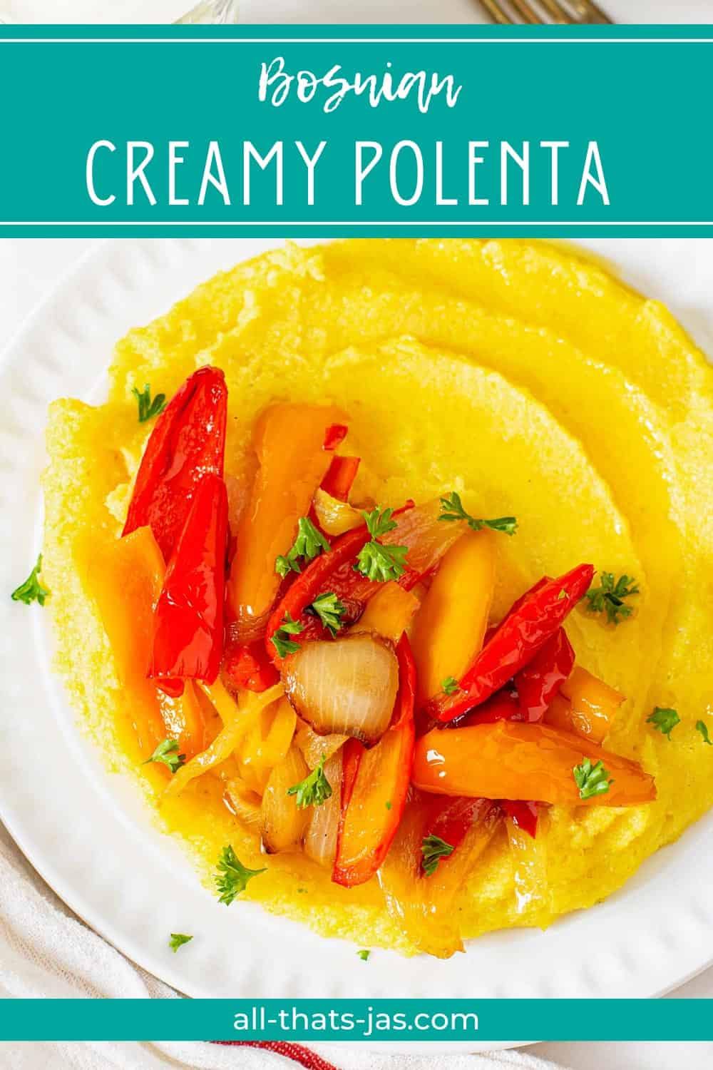 Sauteed peppers and onions over smooth polenta with text overlay.