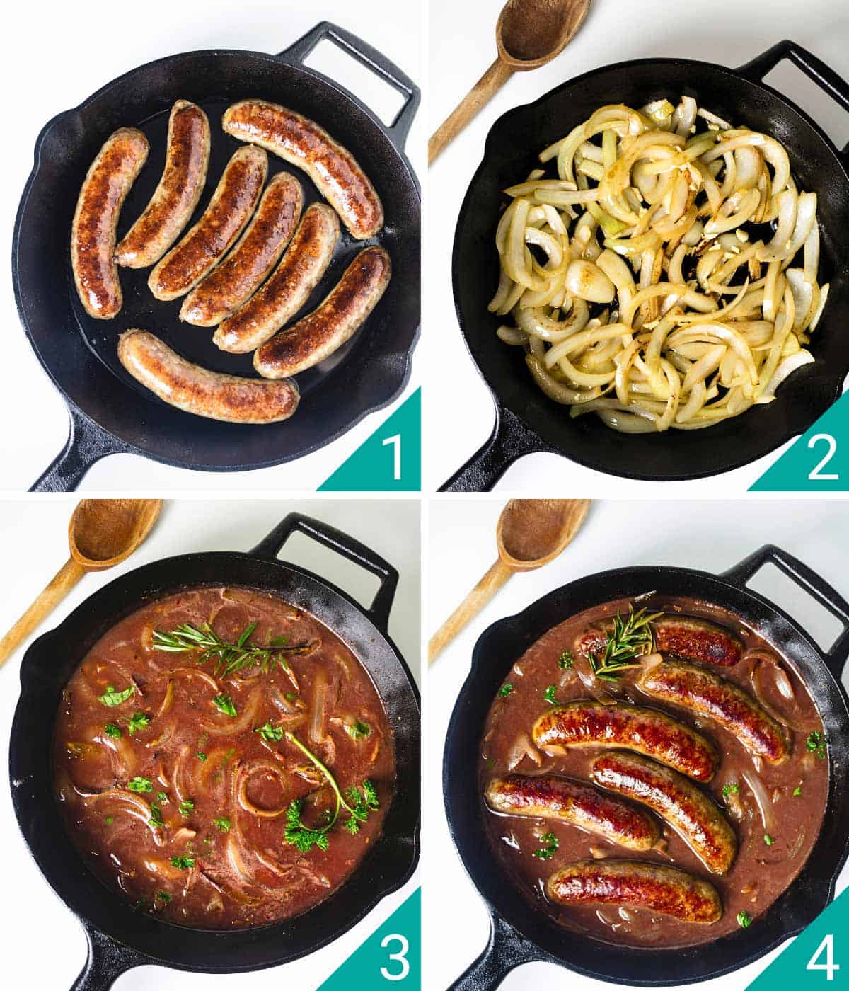 Four step images of how to make bangers with onion and wine gravy in a skillet.