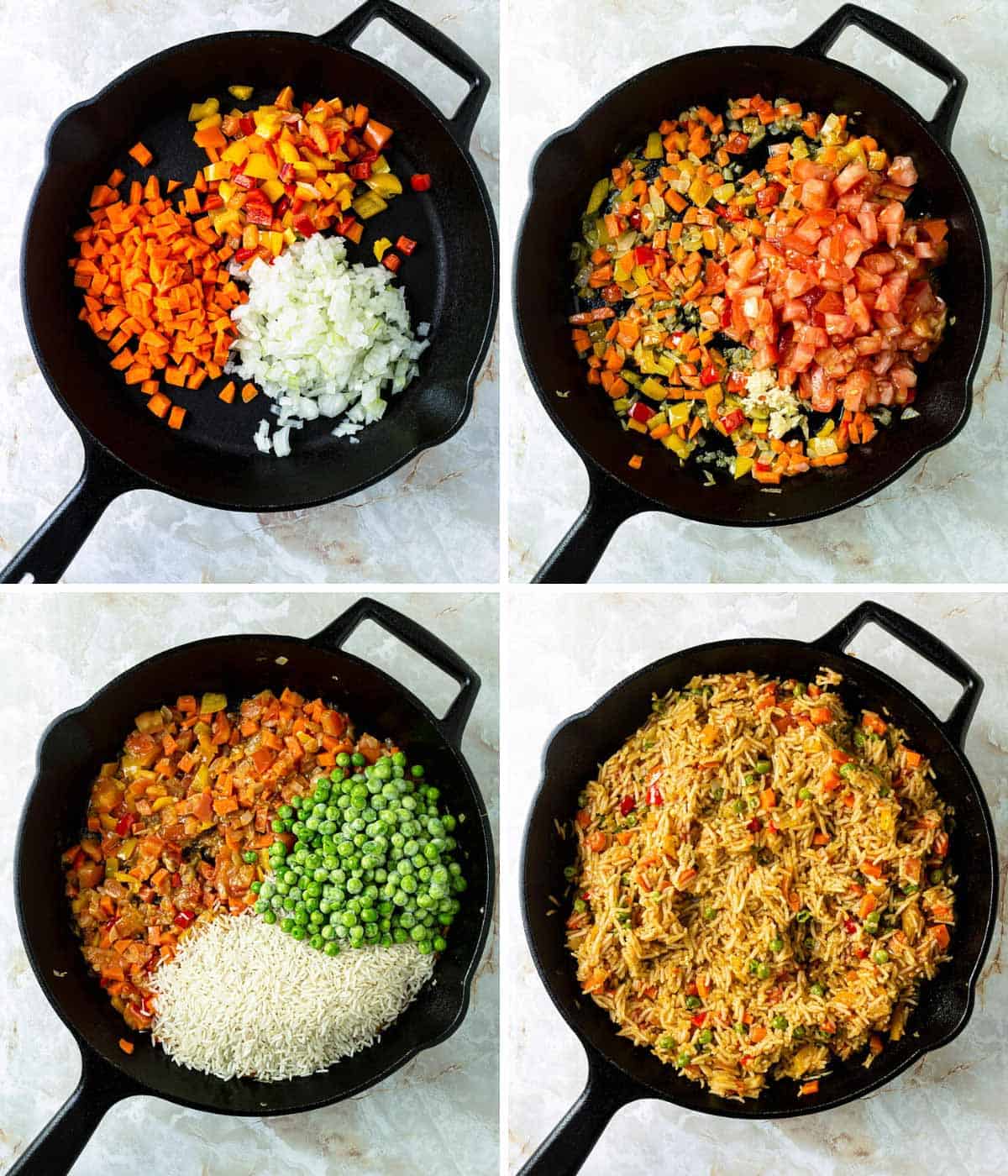 Four steps of making one-skillet djuvec rice with mixed veggies.