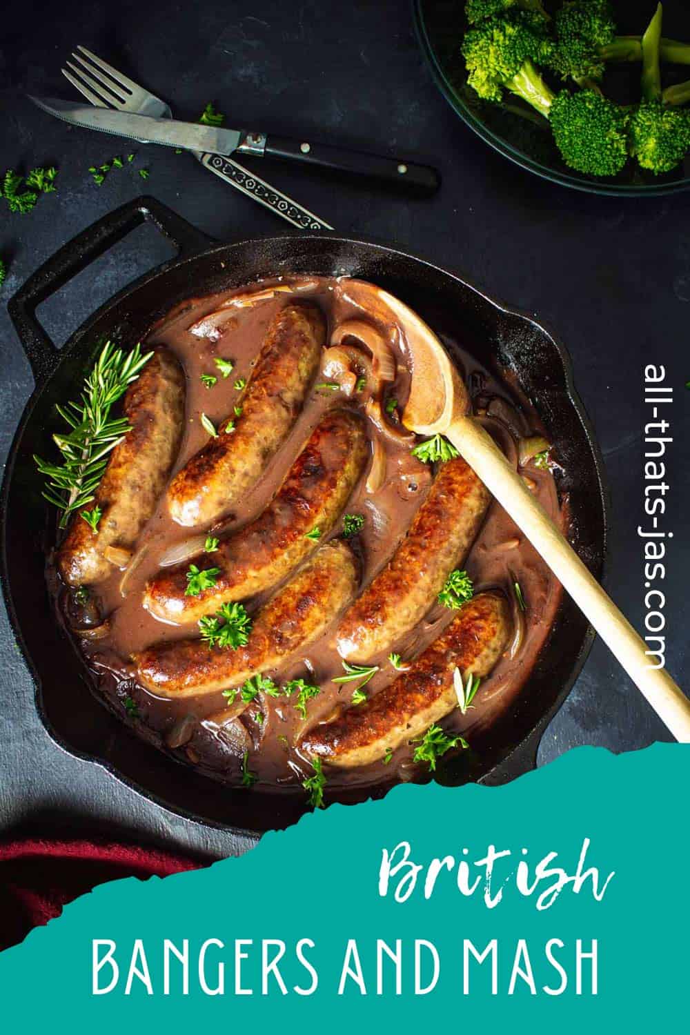 Bangers with onion sauce in a skillet with text overlay.
