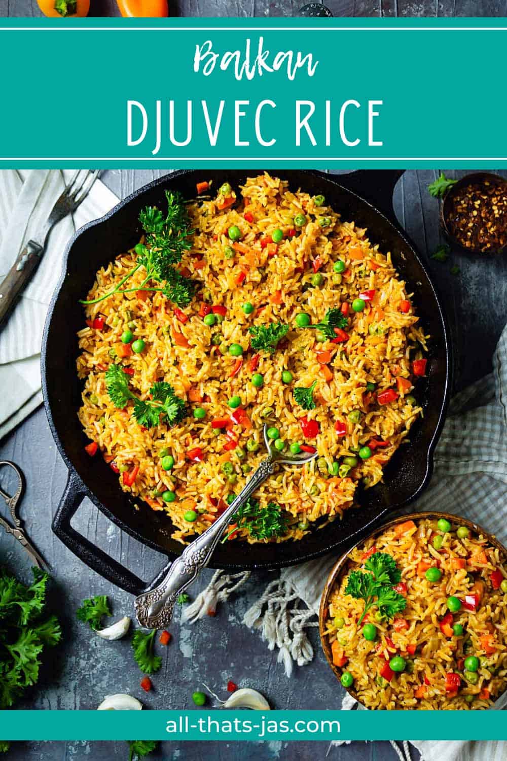 Skillet rice with vegetables with text overlay.